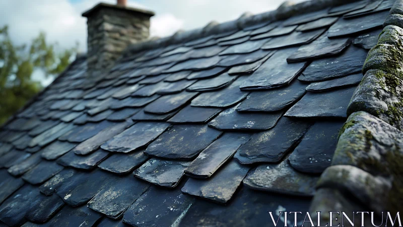 Slate Roof Tiles Show Age with Moss and Character.