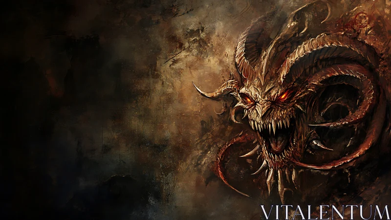 Infernal horned demon head with tendrils in dark void