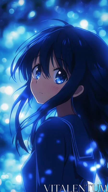 Blue night glow around a quiet contemplative schoolgirl.
