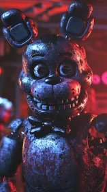 Rust-clad animatronic rabbit grins under neon horror glow.
