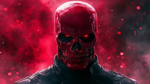 Red skeletal humanoid figure stands in dense illuminated smoke