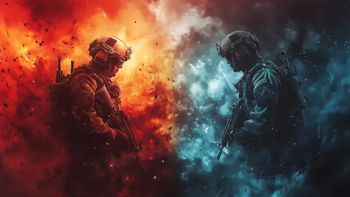 Opposing futuristic soldiers confront amid fire and ice haze