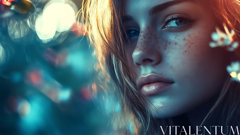 Freckled dusk muse in teal bloom and molten sunlight gaze.