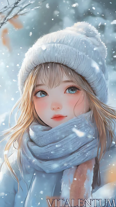 Winter portrait of girl in soft snowlight, pastel palette.