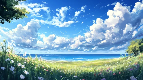 Sunlit wildflower coast opens onto a calm, endless sea