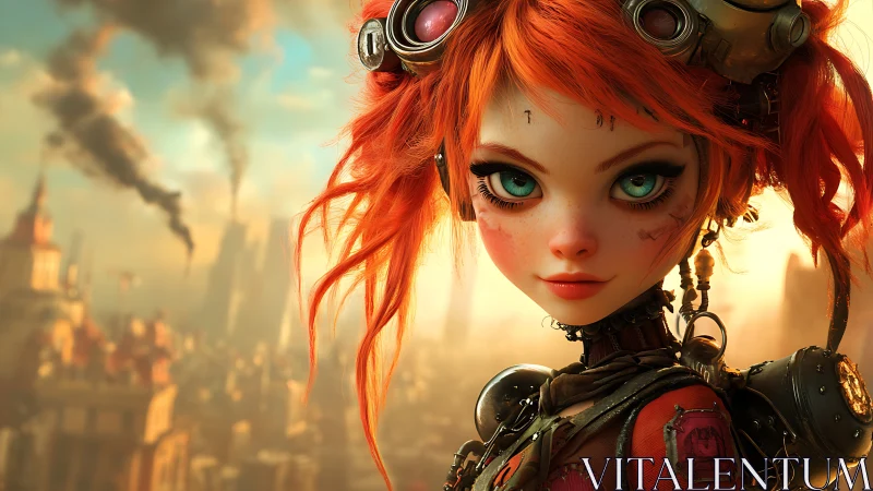 Steampunk android girl with oversized teal eyes surveys smog cityscape