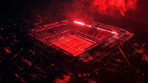 Floodlit red football stadium glows amid roaring night sky.
