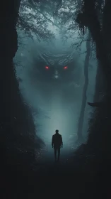 Lone figure confronts spectral red-eyed entity in misted forest