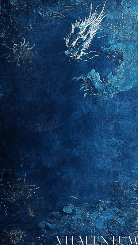 Gold outlined dragon on textured deep blue vertical background.