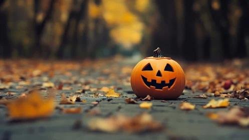 Carved pumpkin on leaf covered path in soft autumn light.