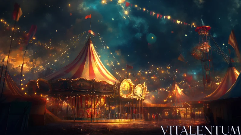 Nocturnal carnival scene with illuminated carousel and dense bokeh lighting