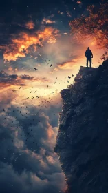 Lone dreamer on a flaming sky cliff of drifting birds.