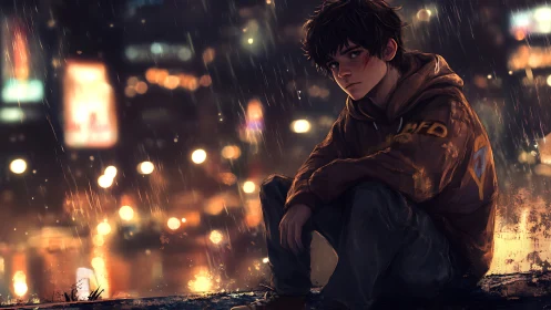 Brooding teen in rain-soaked neon city street at night.