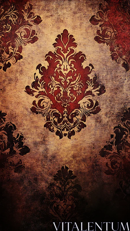 Ornate red damask motif over distressed vintage wall