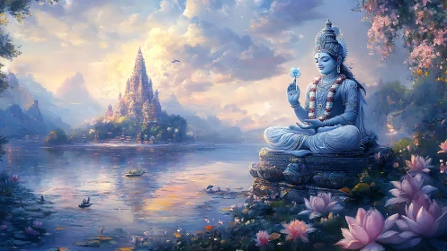 Serene blue deity beside lotus lake under radiant sky