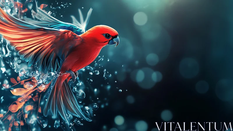 Vibrant red bird in flight with water splash, digital art style.