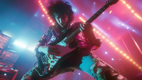 Rock guitarist in neon concert lighting plays electric solo.