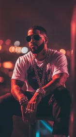 Stylish man in city night portrait with bold neon lighting.