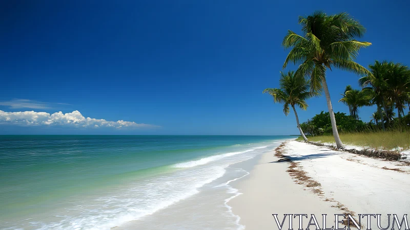 Pristine tropical shoreline with coconut palms and turquoise waters.