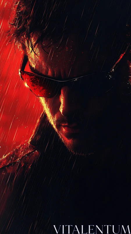 Neo-noir cyberpunk portrait in high-contrast rain lighting.