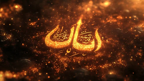 Glowing Arabic calligraphy radiates amid golden cosmic dust.