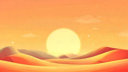 Solar-drenched desert dunes under glowing pastel sky.