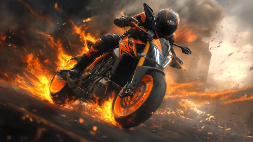 Flames chase the orange superbike carving sparks through smoke