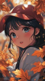 Autumn anime girl in red cap amid falling golden maple leaves