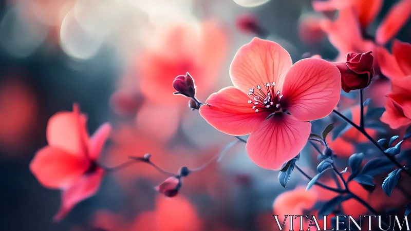 Red Flowers in Soft Focus Bokeh Garden.