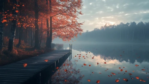 Wooden lakeside pier with autumn trees and misty horizon.