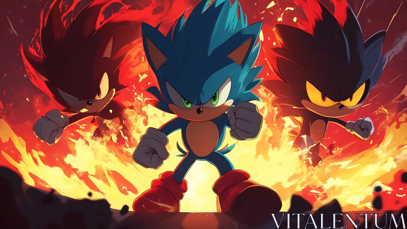 Blue hedgehog figure flanked by two dark variants in fire.