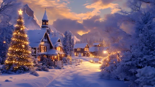 Snowy village glows under warm Christmas twilight sky.