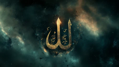Arabic calligraphy motif set against nebula-like background.