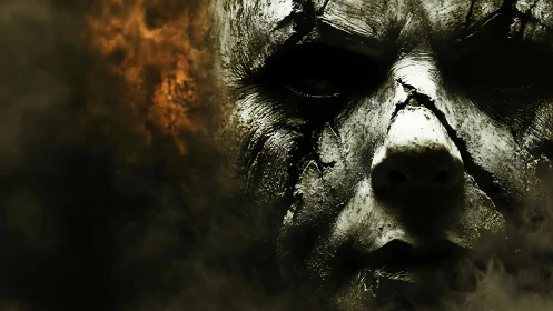 Textured horror mask close-up in high-contrast digital chiaroscuro.