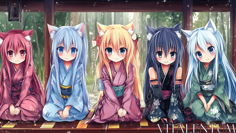 Five anime catgirl characters kneel in kimonos on wooden porch