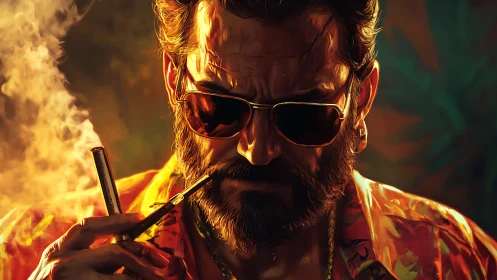 Cinematic portrait of bearded man in sunglasses, lit by ember glow.