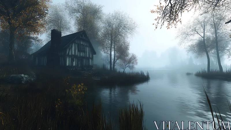 Fog-laden lakeside cottage rendered in moody digital realism