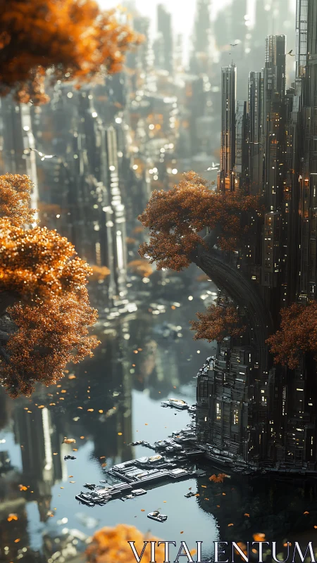 Vertical cyber-organic cityscape with autumnal canopy integration.