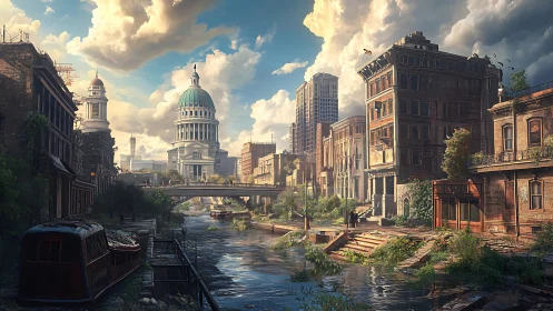Sunlit canal city reclaimed by wild gardens and memory.
