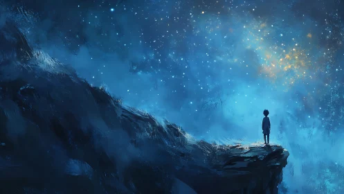 Child stands on cliff edge under vast luminous night sky