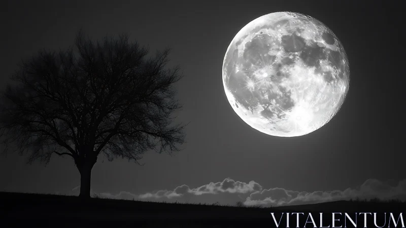 Monochrome landscape with silhouetted tree and oversized moon.