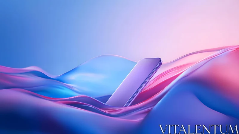 Sleek smartphone floating in abstract pastel waves, digital art.