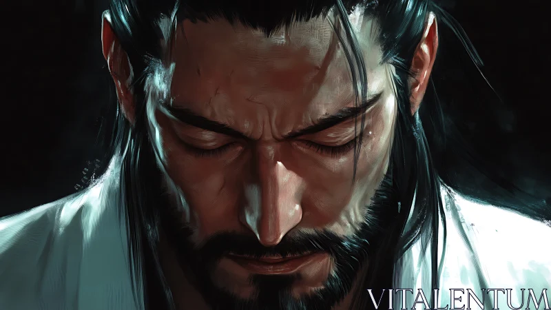 Stoic warrior lowers gaze in tense, shadowed close-up