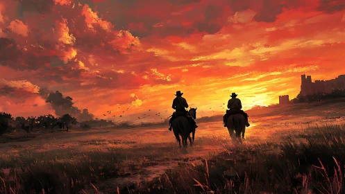 Riders cross open plains beneath intense red sunset sky.