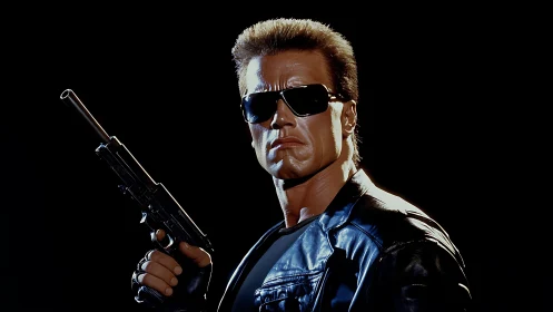 Photorealistic cyborg gunman in leather jacket portrait.