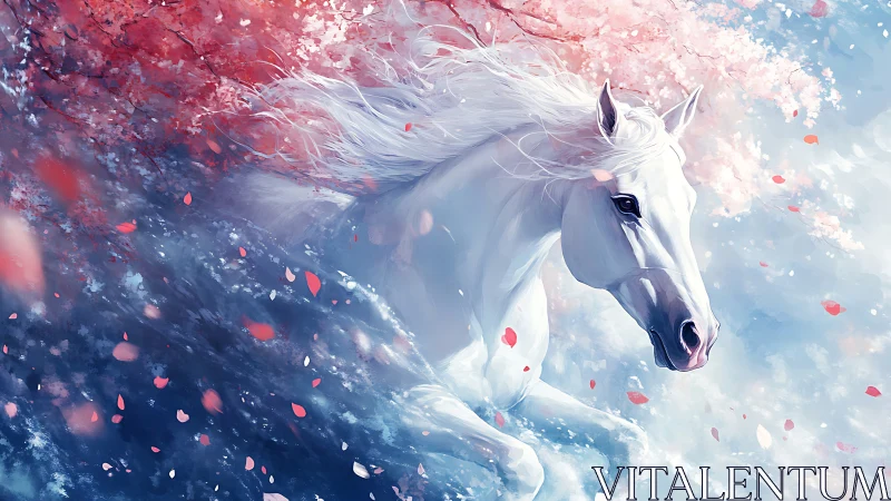 White stallion galloping through cherry blossoms and mist