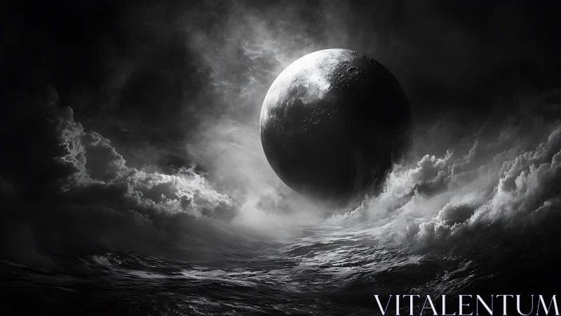 Lunar sphere rises over storm ocean in monochrome void.