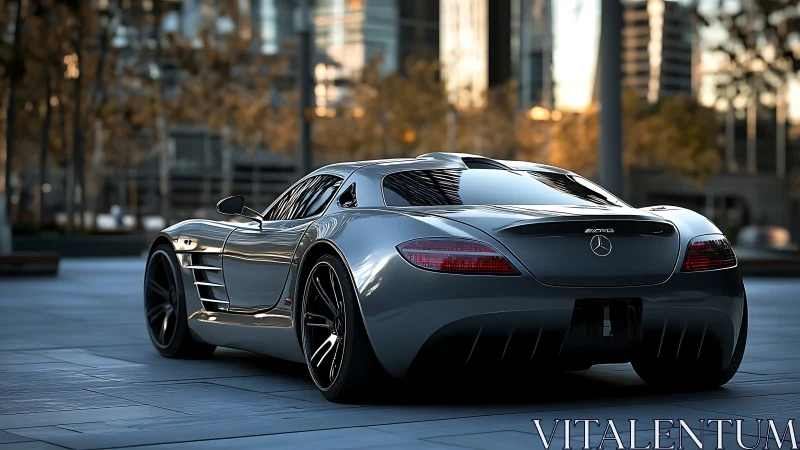Metallic sports coupe is parked on an urban plaza surface