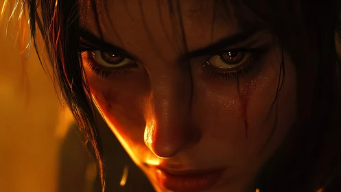 Fierce warrior close-up under molten amber lighting.