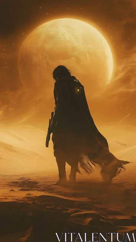 Lone cloaked wanderer in irradiated desert under supermoon